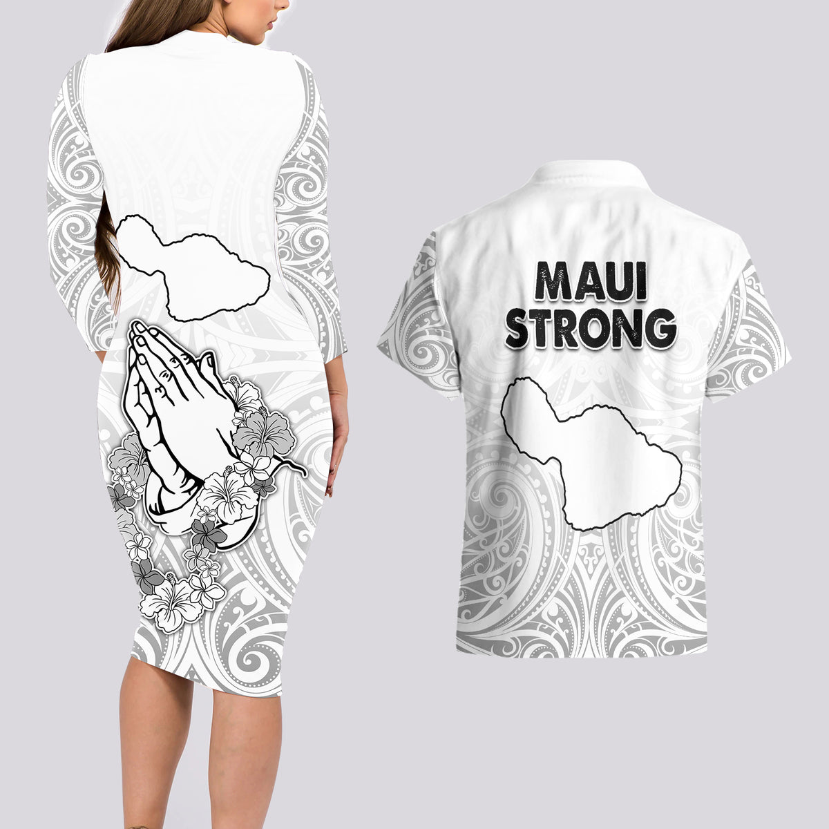 Hawaii Strong Maui Wildfire Couples Matching Long Sleeve Bodycon Dress and Hawaiian Shirt No4 LT9 - Polynesian Pride