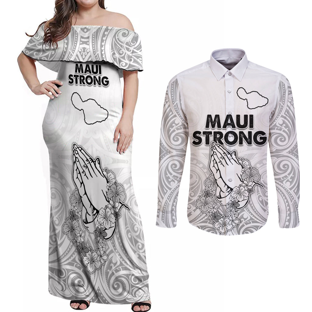 Hawaii Strong Maui Wildfire Couples Matching Off Shoulder Maxi Dress and Long Sleeve Button Shirts No4 LT9 White - Polynesian Pride
