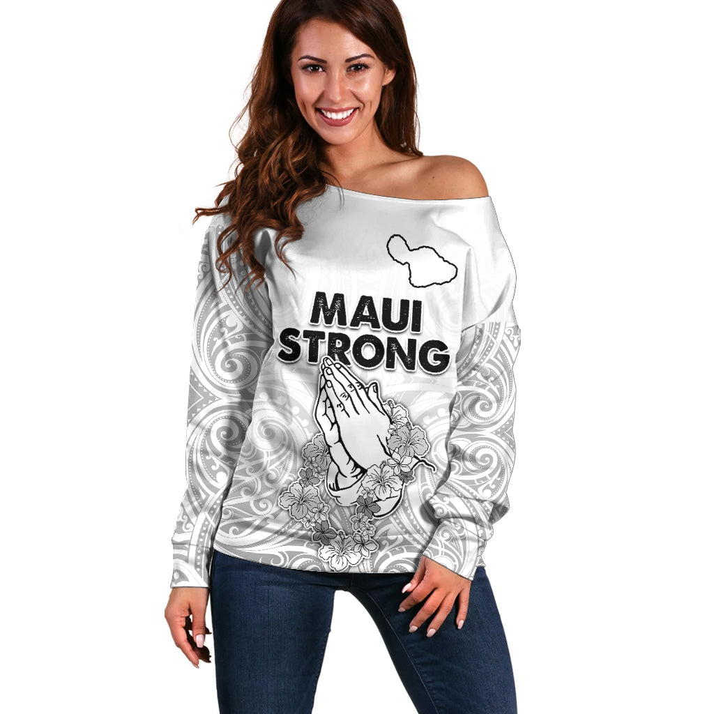 Hawaii Strong Maui Wildfire Off Shoulder Sweater No4 LT9 Women White - Polynesian Pride
