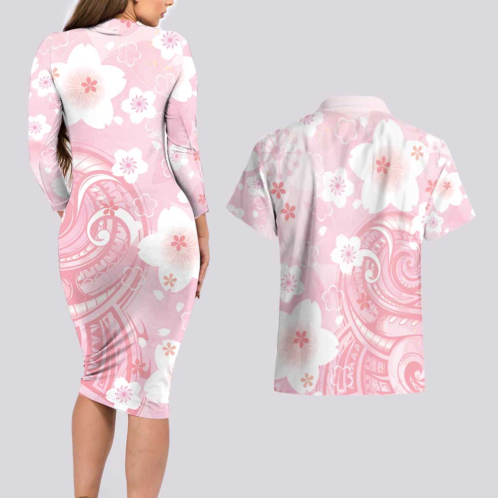 Japan Sakura Floral with Polynesian Vibe Couples Matching Long Sleeve Bodycon Dress and Hawaiian Shirt