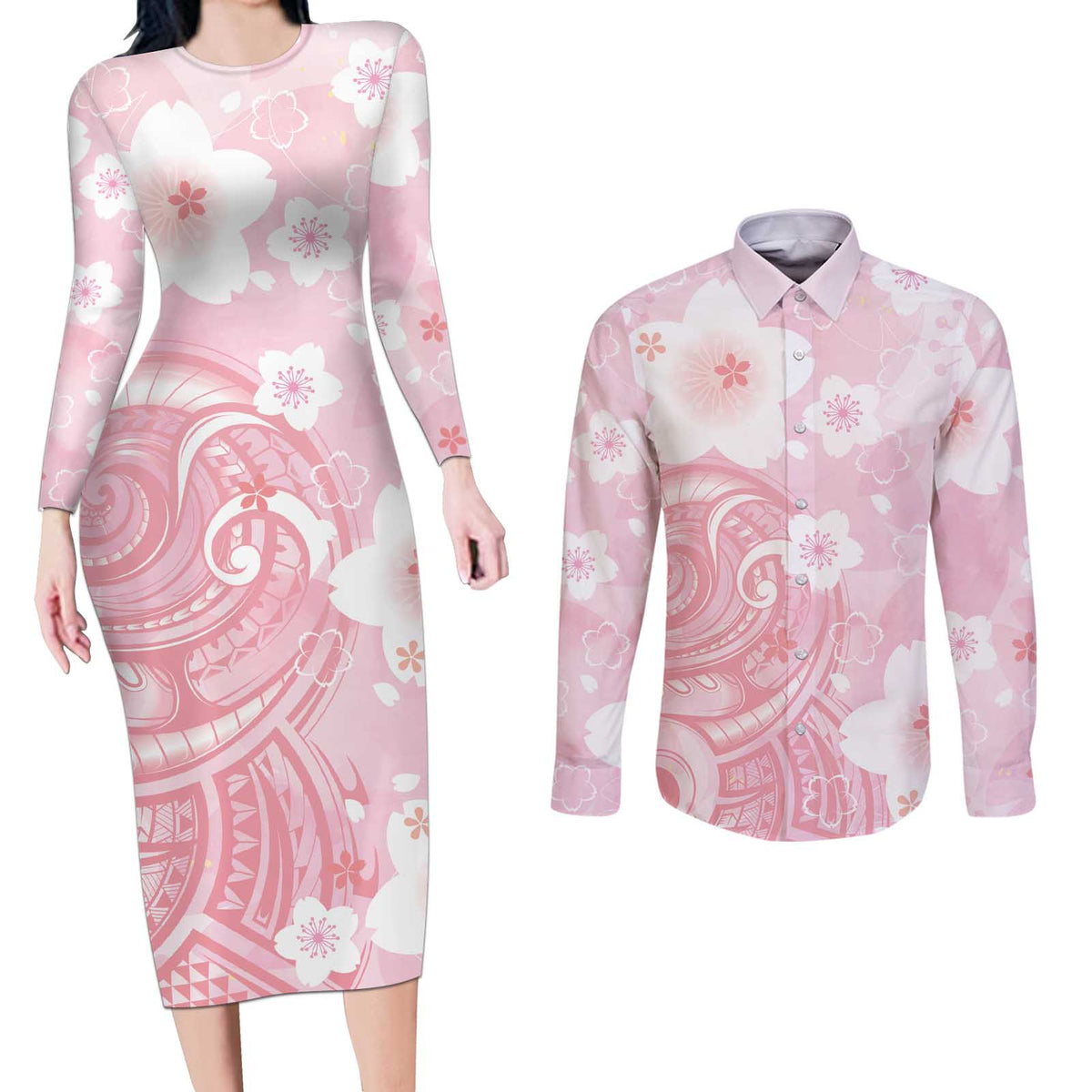 Japan Sakura Floral with Polynesian Vibe Couples Matching Long Sleeve Bodycon Dress and Long Sleeve Button Shirt