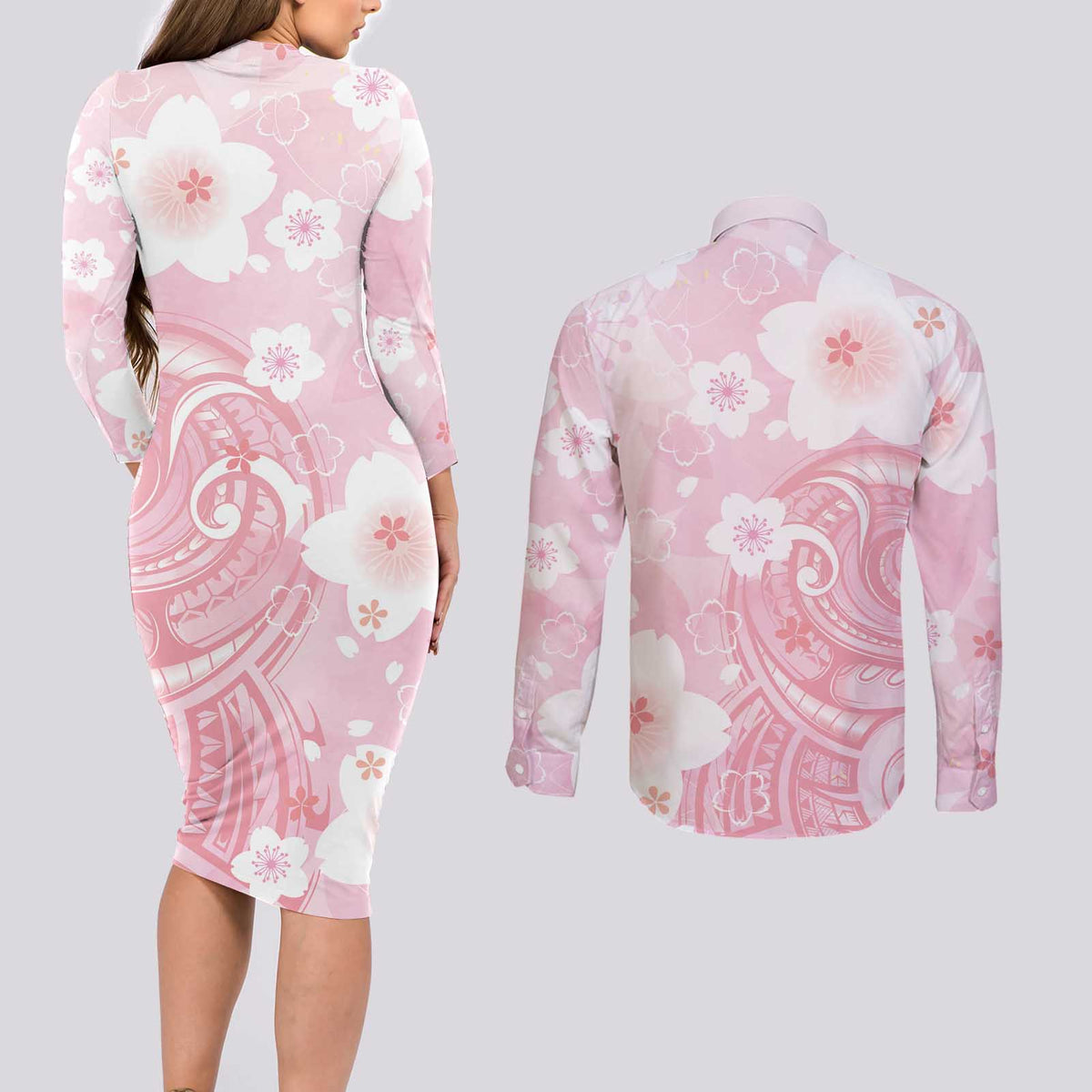 Japan Sakura Floral with Polynesian Vibe Couples Matching Long Sleeve Bodycon Dress and Long Sleeve Button Shirt