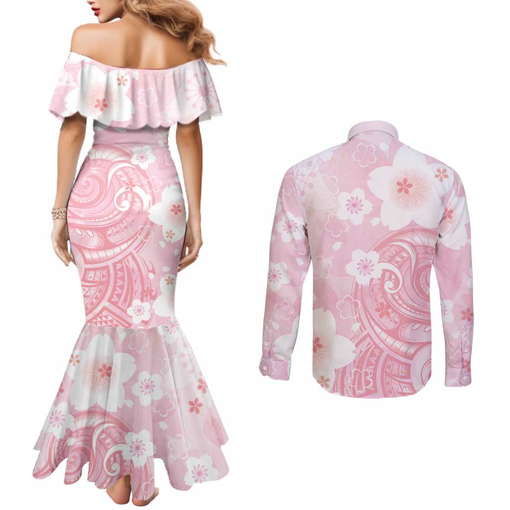 Japan Sakura Floral with Polynesian Vibe Couples Matching Mermaid Dress and Long Sleeve Button Shirt