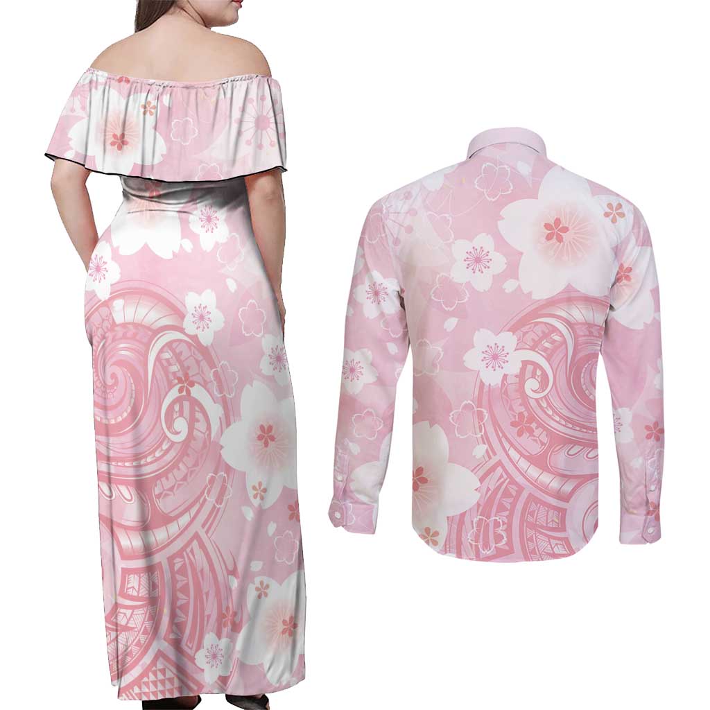 Japan Sakura Floral with Polynesian Vibe Couples Matching Off Shoulder Maxi Dress and Long Sleeve Button Shirt