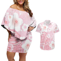 Japan Sakura Floral with Polynesian Vibe Couples Matching Off Shoulder Short Dress and Hawaiian Shirt
