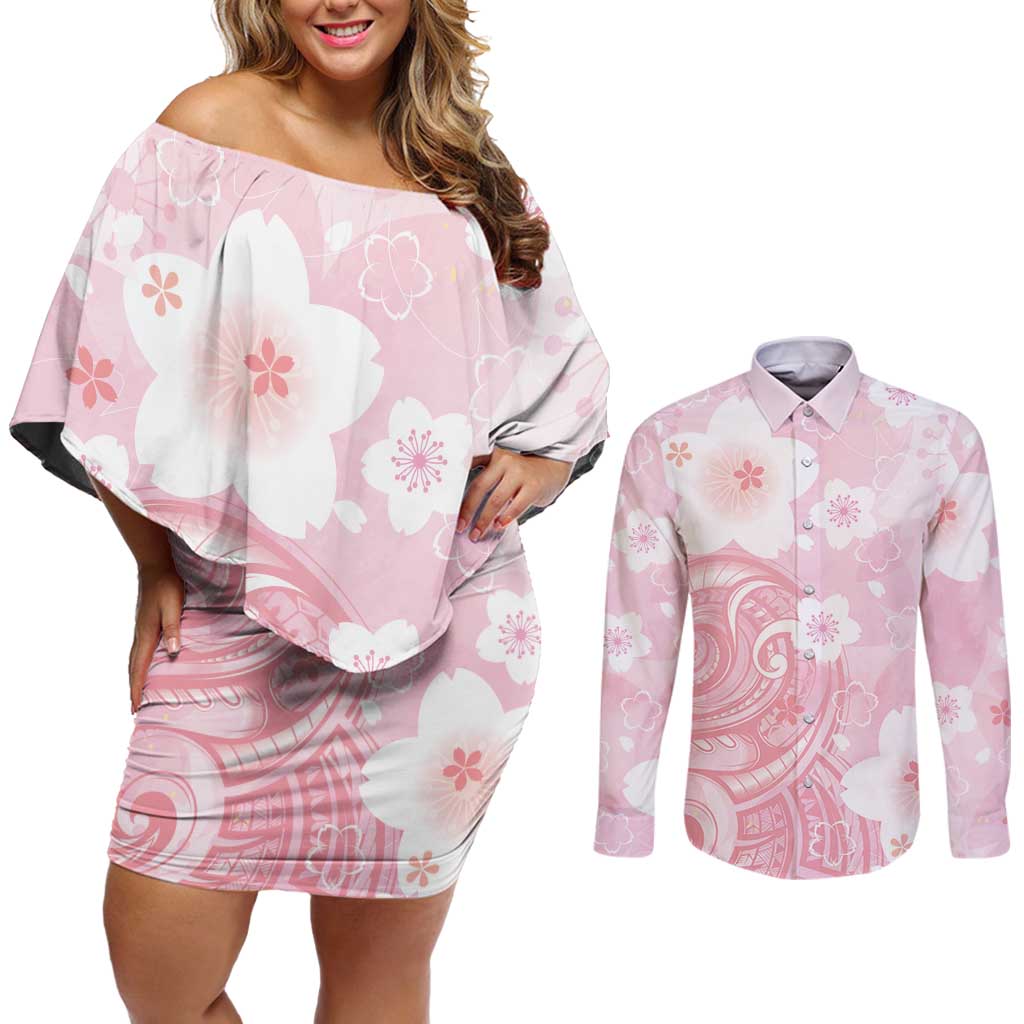 Japan Sakura Floral with Polynesian Vibe Couples Matching Off Shoulder Short Dress and Long Sleeve Button Shirt