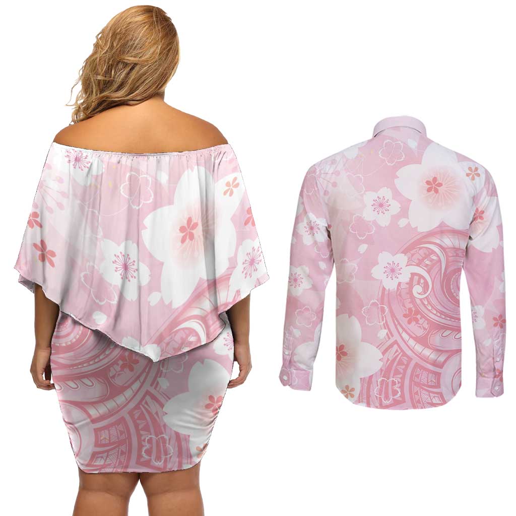 Japan Sakura Floral with Polynesian Vibe Couples Matching Off Shoulder Short Dress and Long Sleeve Button Shirt