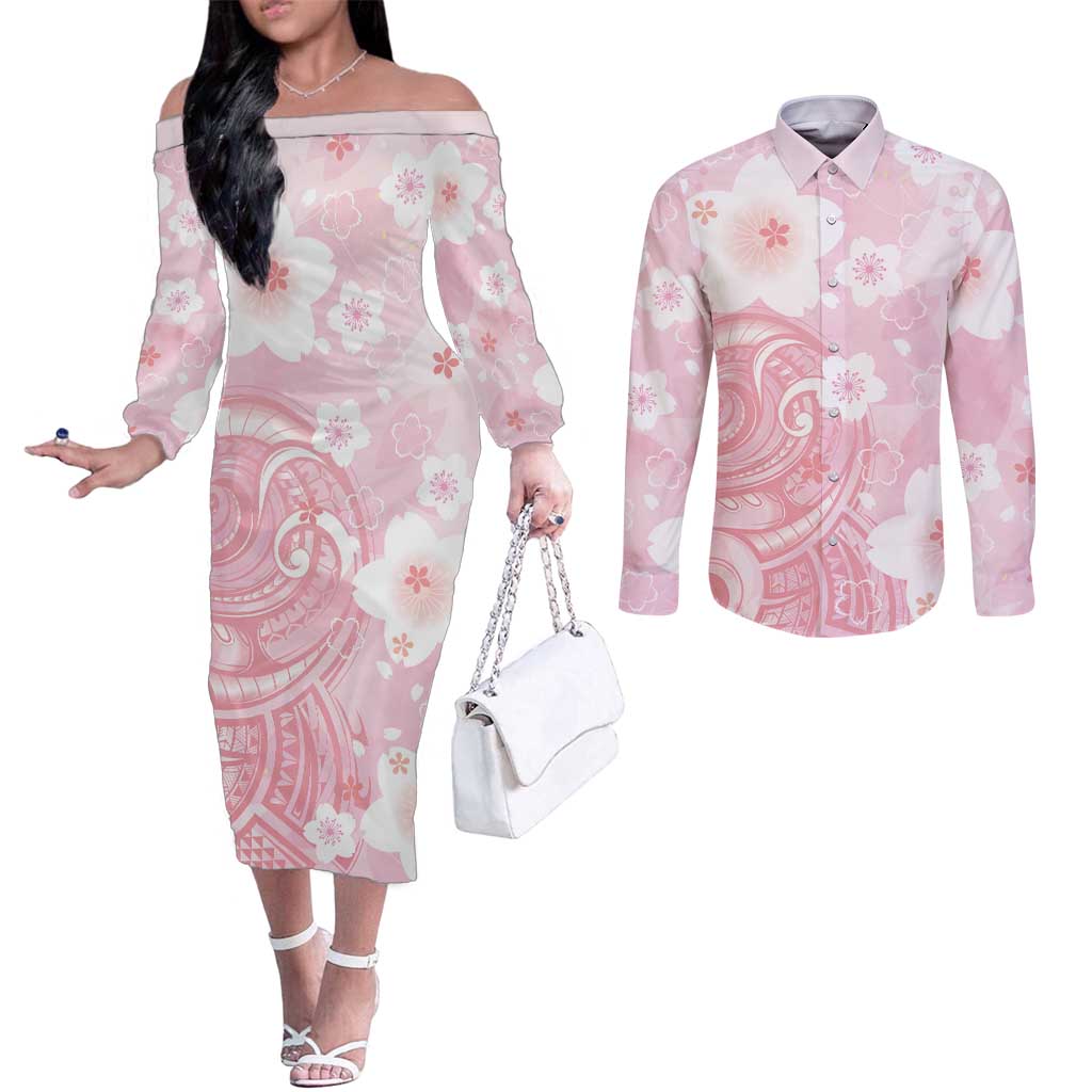 Japan Sakura Floral with Polynesian Vibe Couples Matching Off The Shoulder Long Sleeve Dress and Long Sleeve Button Shirt
