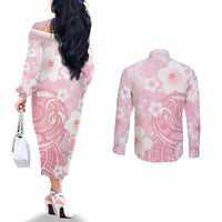 Japan Sakura Floral with Polynesian Vibe Couples Matching Off The Shoulder Long Sleeve Dress and Long Sleeve Button Shirt