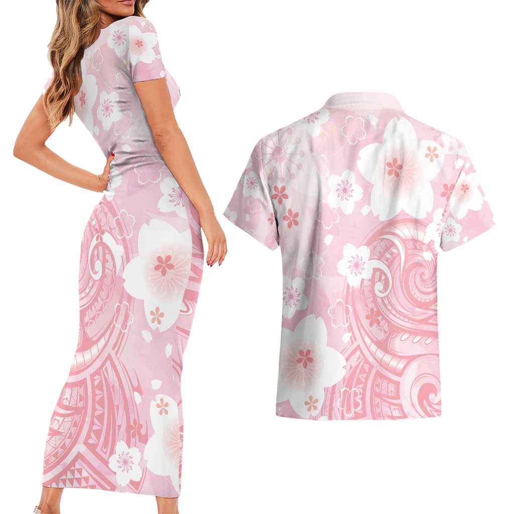 Japan Sakura Floral with Polynesian Vibe Couples Matching Short Sleeve Bodycon Dress and Hawaiian Shirt