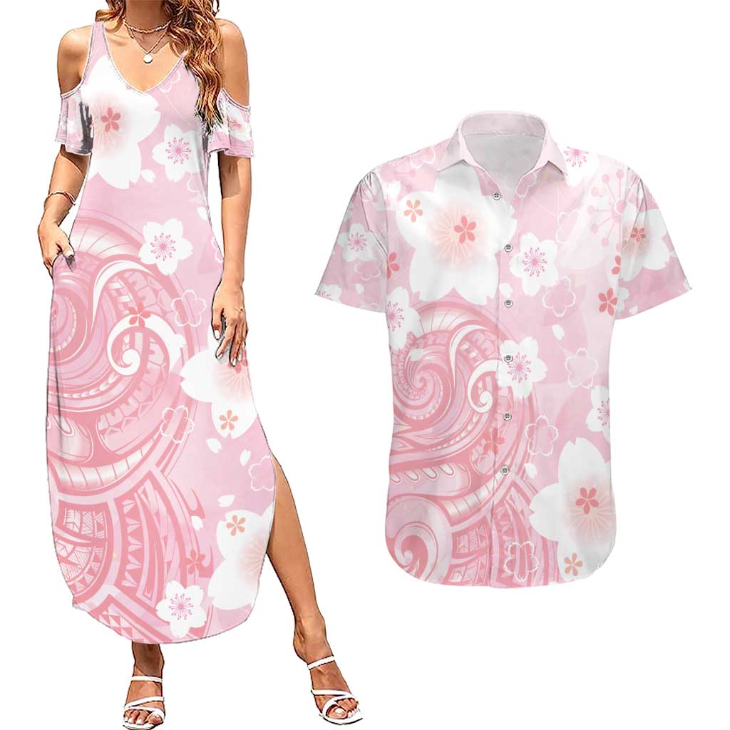 Japan Sakura Floral with Polynesian Vibe Couples Matching Summer Maxi Dress and Hawaiian Shirt LT9 Pink - Polynesian Pride