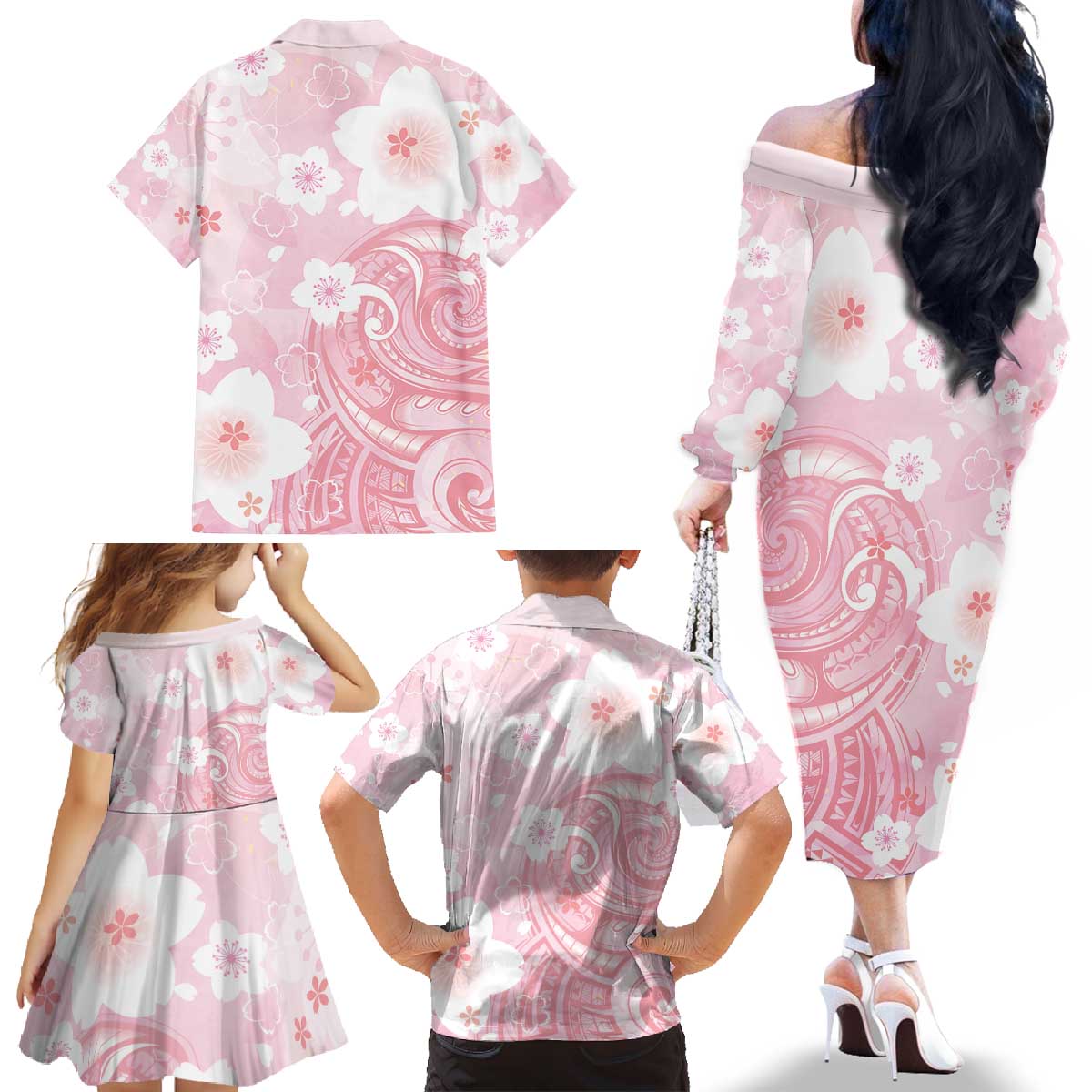 Japan Sakura Floral with Polynesian Vibe Family Matching Off The Shoulder Long Sleeve Dress and Hawaiian Shirt