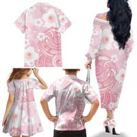 Japan Sakura Floral with Polynesian Vibe Family Matching Off The Shoulder Long Sleeve Dress and Hawaiian Shirt