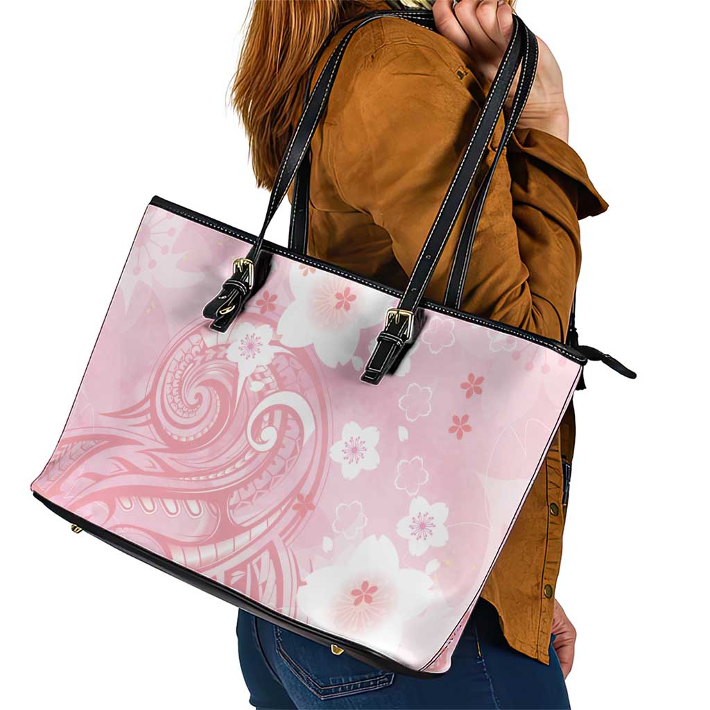 Japan Sakura Floral with Polynesian Vibe Leather Tote Bag