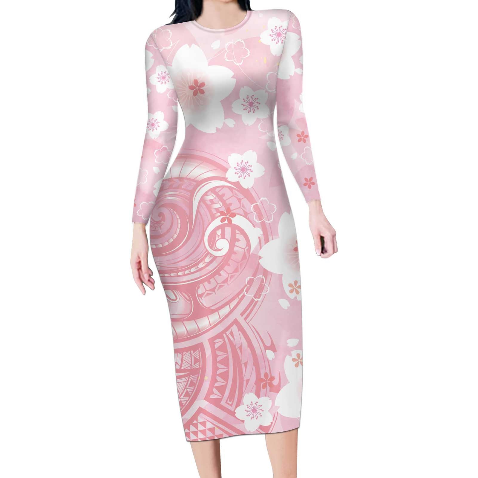 Japan Sakura Floral with Polynesian Vibe Long Sleeve Bodycon Dress LT9 Long Dress Pink - Polynesian Pride