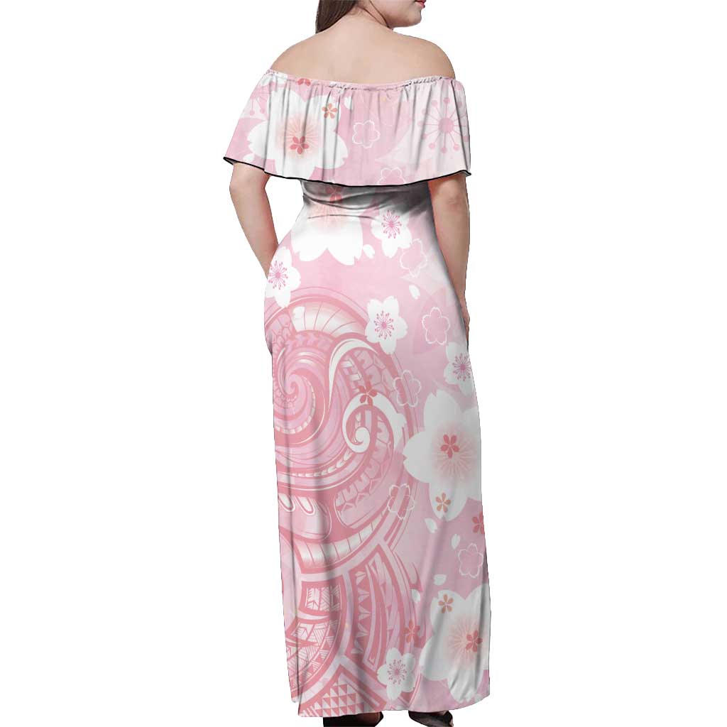 Japan Sakura Floral with Polynesian Vibe Off Shoulder Maxi Dress