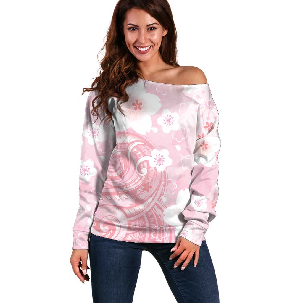 Japan Sakura Floral with Polynesian Vibe Off Shoulder Sweater LT9 Women Pink - Polynesian Pride