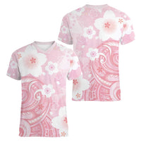 Japan Sakura Floral with Polynesian Vibe Women V-Neck T-Shirt