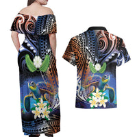 Marshall Islands Kwajalein Atoll Couples Matching Off Shoulder Maxi Dress and Hawaiian Shirt Plumeria Sea Turtle with Polynesian Tribal