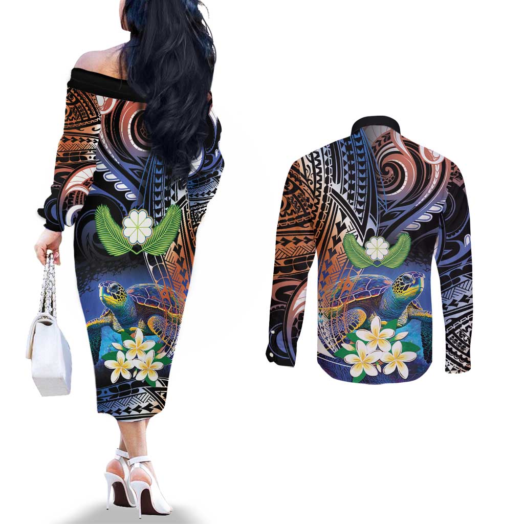 Marshall Islands Kwajalein Atoll Couples Matching Off The Shoulder Long Sleeve Dress and Long Sleeve Button Shirt Plumeria Sea Turtle with Polynesian Tribal