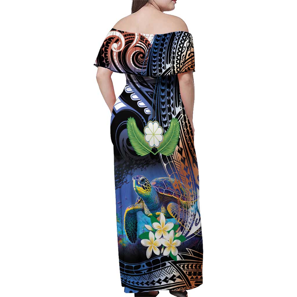 Marshall Islands Kwajalein Atoll Family Matching Off Shoulder Maxi Dress and Hawaiian Shirt Plumeria Sea Turtle with Polynesian Tribal
