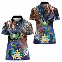 Marshall Islands Kwajalein Atoll Women Polo Shirt Plumeria Sea Turtle with Polynesian Tribal