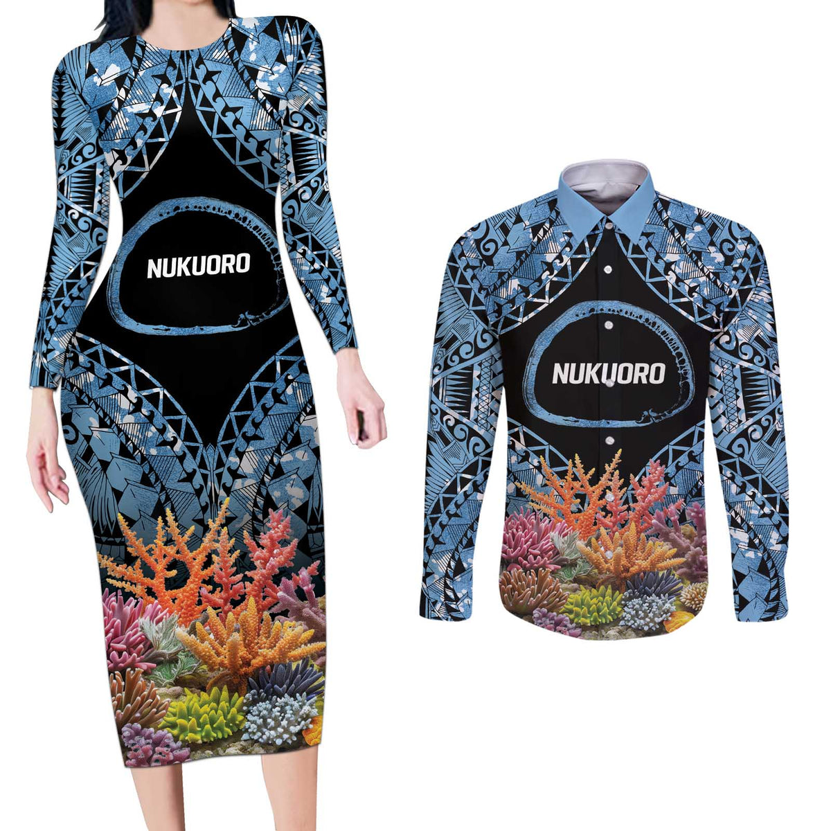 Personalised Nukuoro Micronesia Atoll Couples Matching Long Sleeve Bodycon Dress and Long Sleeve Button Shirt with Pacific Coral Reef
