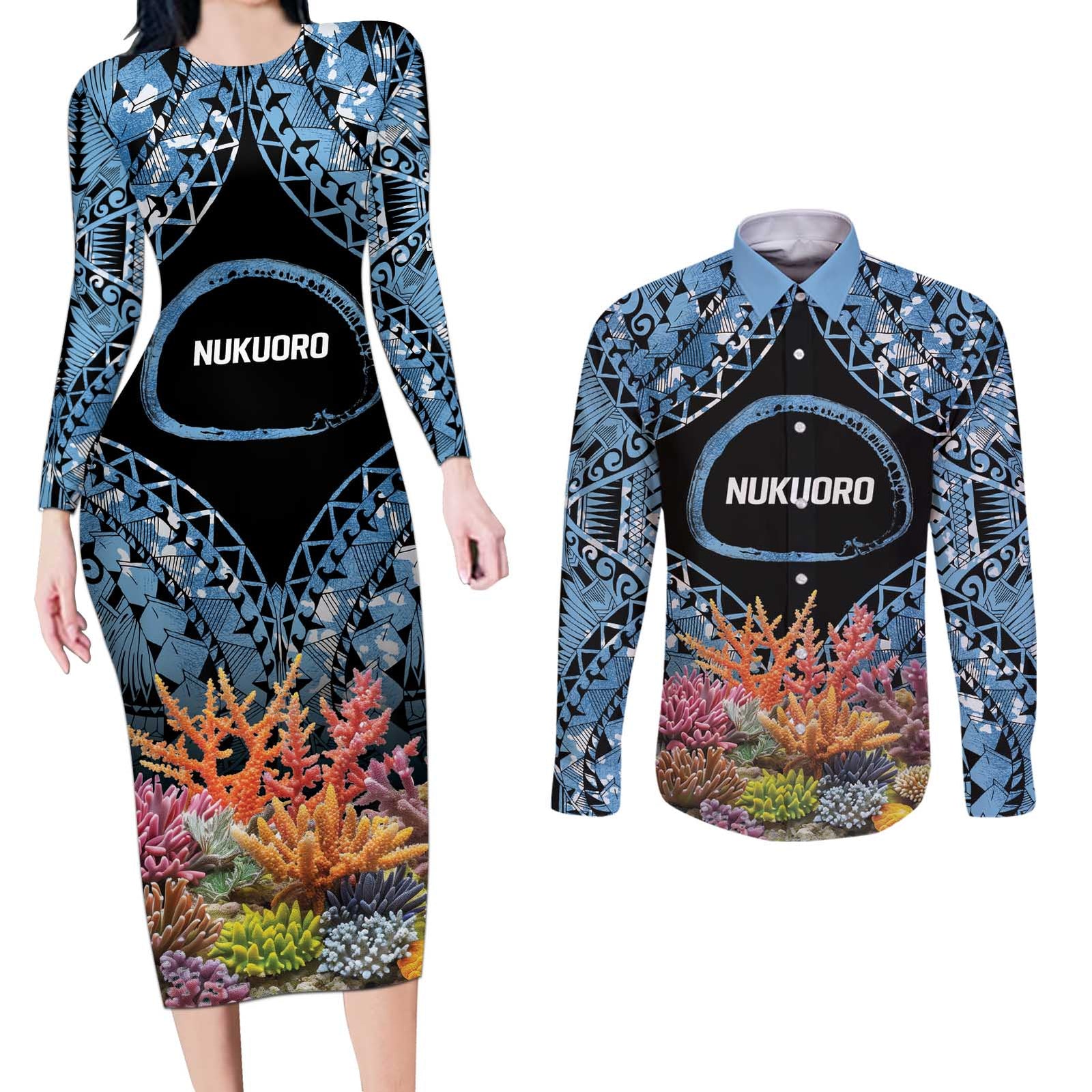 Personalised Nukuoro Micronesia Atoll Couples Matching Long Sleeve Bodycon Dress and Long Sleeve Button Shirt with Pacific Coral Reef LT9 Blue - Polynesian Pride