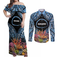 Personalised Nukuoro Micronesia Atoll Couples Matching Off Shoulder Maxi Dress and Long Sleeve Button Shirt with Pacific Coral Reef