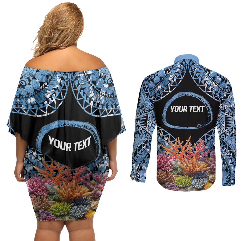Personalised Nukuoro Micronesia Atoll Couples Matching Off Shoulder Short Dress and Long Sleeve Button Shirt with Pacific Coral Reef