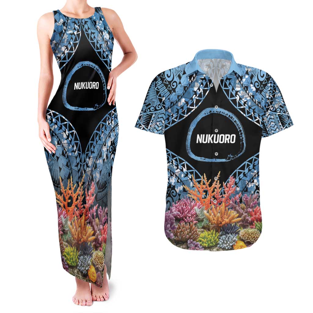 Personalised Nukuoro Micronesia Atoll Couples Matching Tank Maxi Dress and Hawaiian Shirt with Pacific Coral Reef