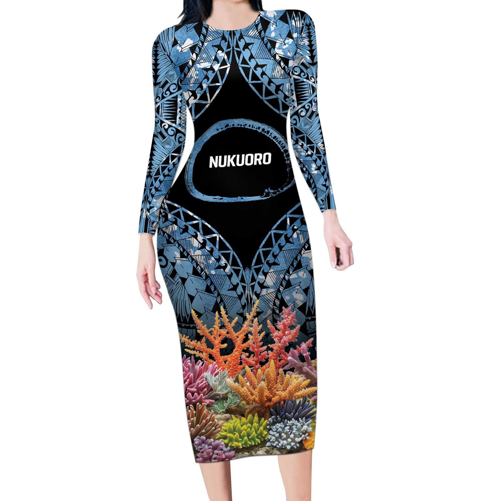 Personalised Nukuoro Micronesia Atoll Long Sleeve Bodycon Dress with Pacific Coral Reef LT9 Long Dress Blue - Polynesian Pride