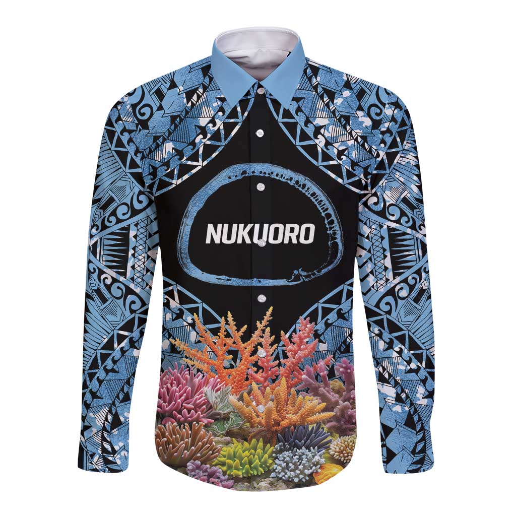 Personalised Nukuoro Micronesia Atoll Long Sleeve Button Shirt with Pacific Coral Reef LT9 Unisex Blue - Polynesian Pride