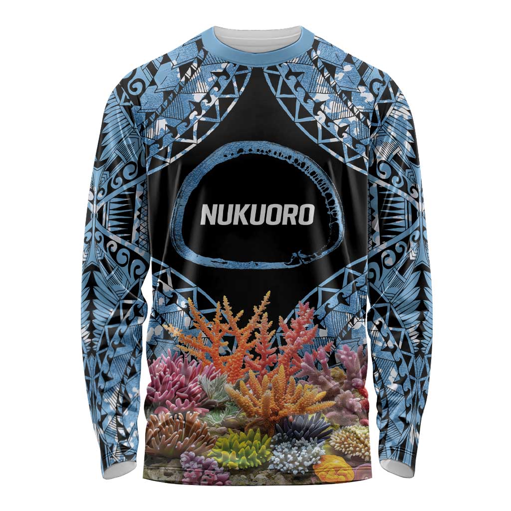 Personalised Nukuoro Micronesia Atoll Long Sleeve Shirt with Pacific Coral Reef LT9 Unisex Blue - Polynesian Pride