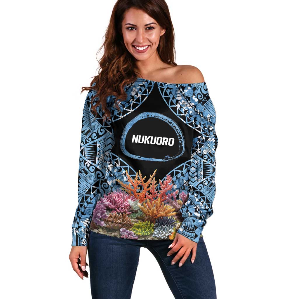 Personalised Nukuoro Micronesia Atoll Off Shoulder Sweater with Pacific Coral Reef LT9 Women Blue - Polynesian Pride