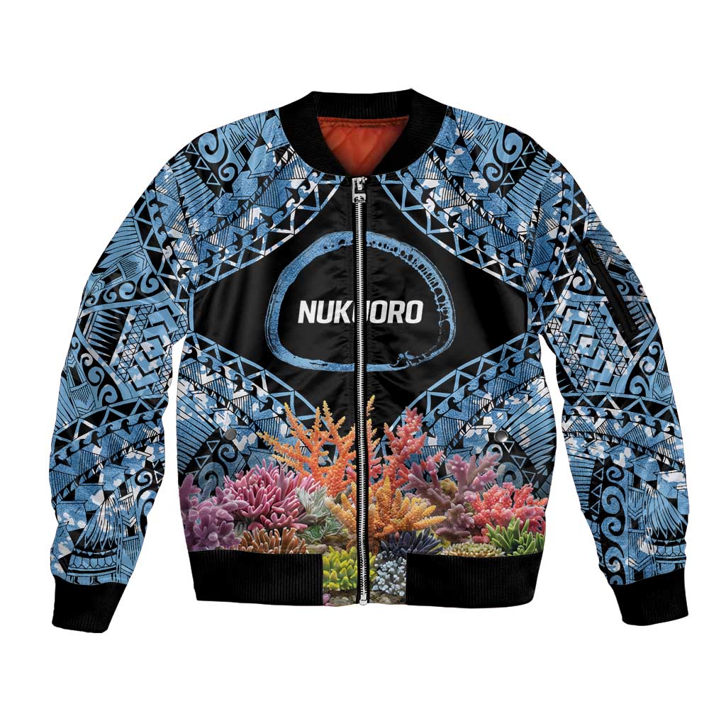 Personalised Nukuoro Micronesia Atoll Sleeve Zip Bomber Jacket with Pacific Coral Reef LT9 Unisex Blue - Polynesian Pride