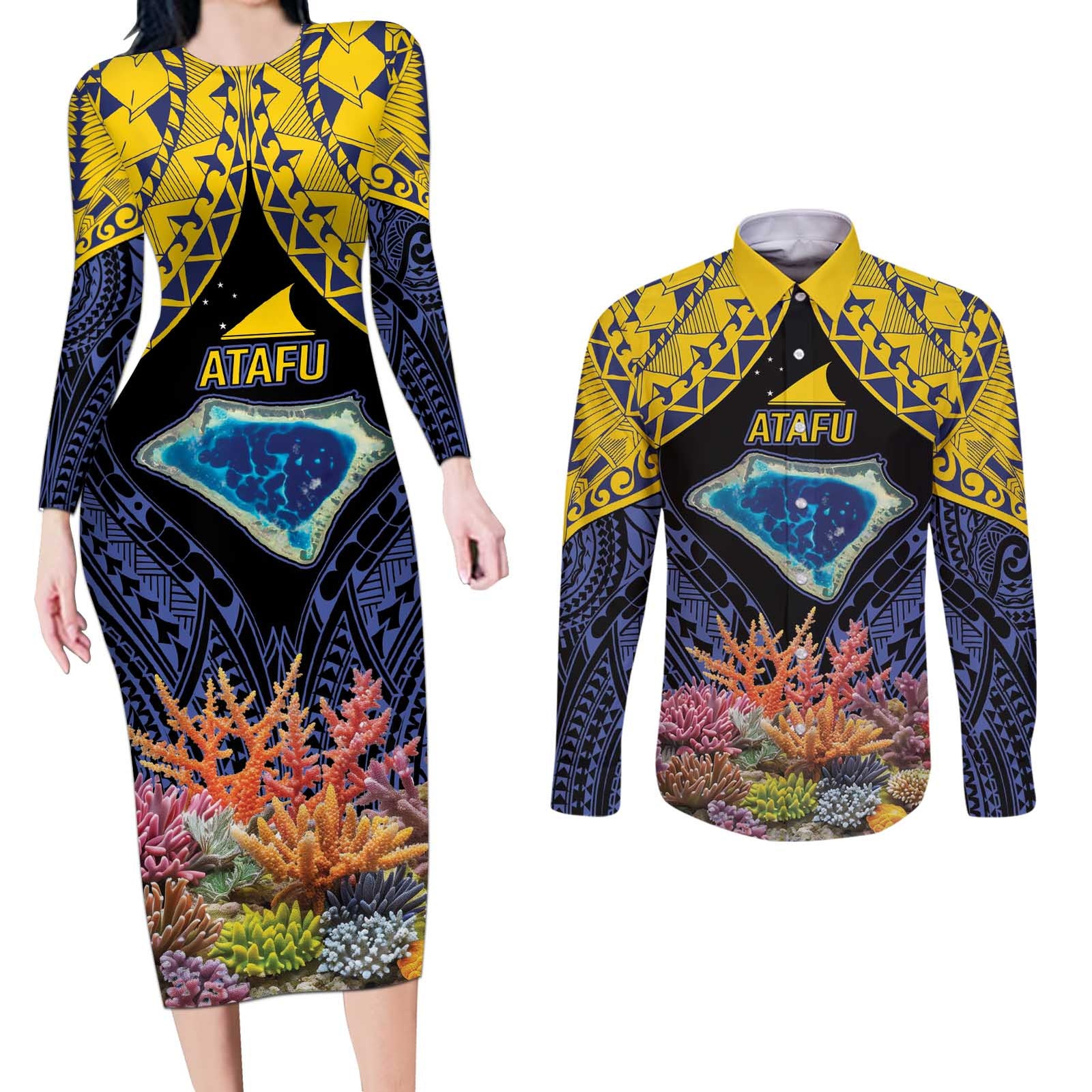 Tokelau Atafu Atoll Personalised Couples Matching Long Sleeve Bodycon Dress and Long Sleeve Button Shirt Pacific Coral Reef Vibe LT9 Gold - Polynesian Pride