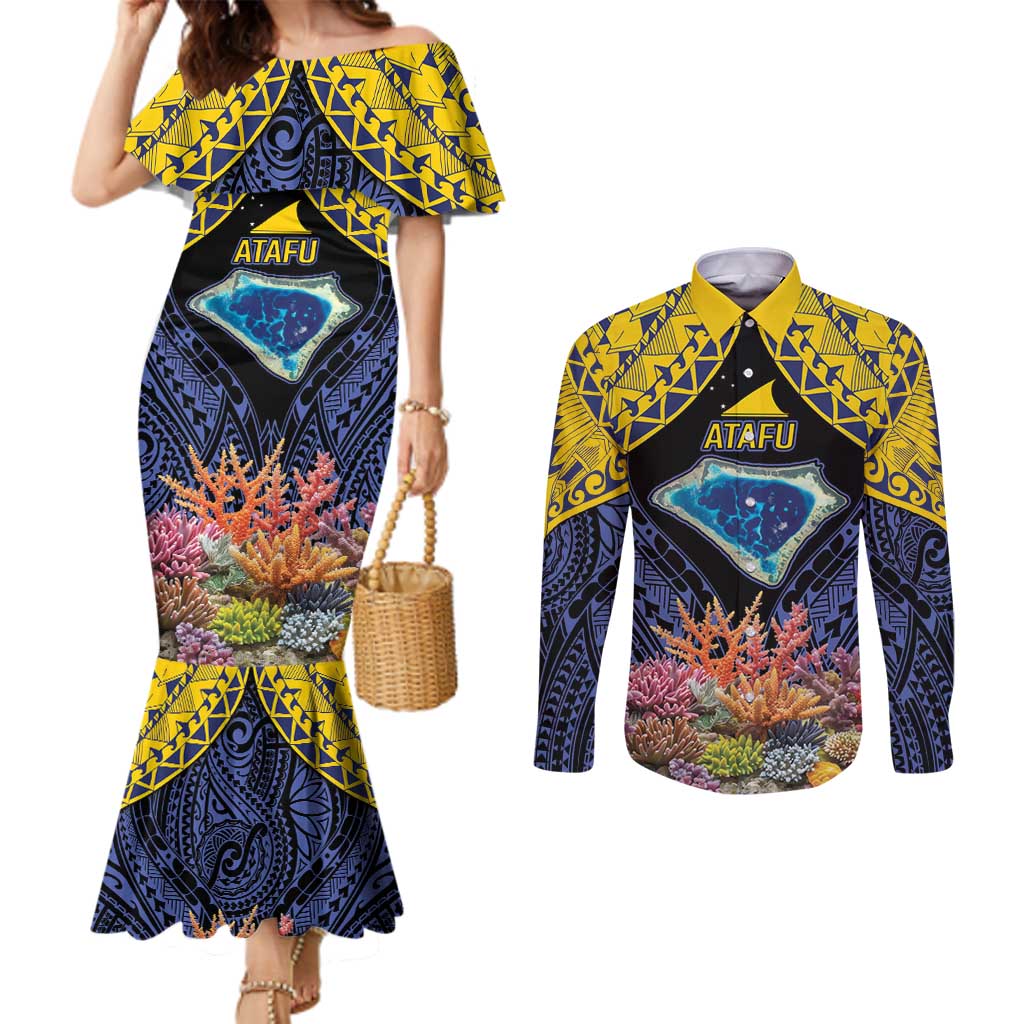 Tokelau Atafu Atoll Personalised Couples Matching Mermaid Dress and Long Sleeve Button Shirt Pacific Coral Reef Vibe LT9 Gold - Polynesian Pride