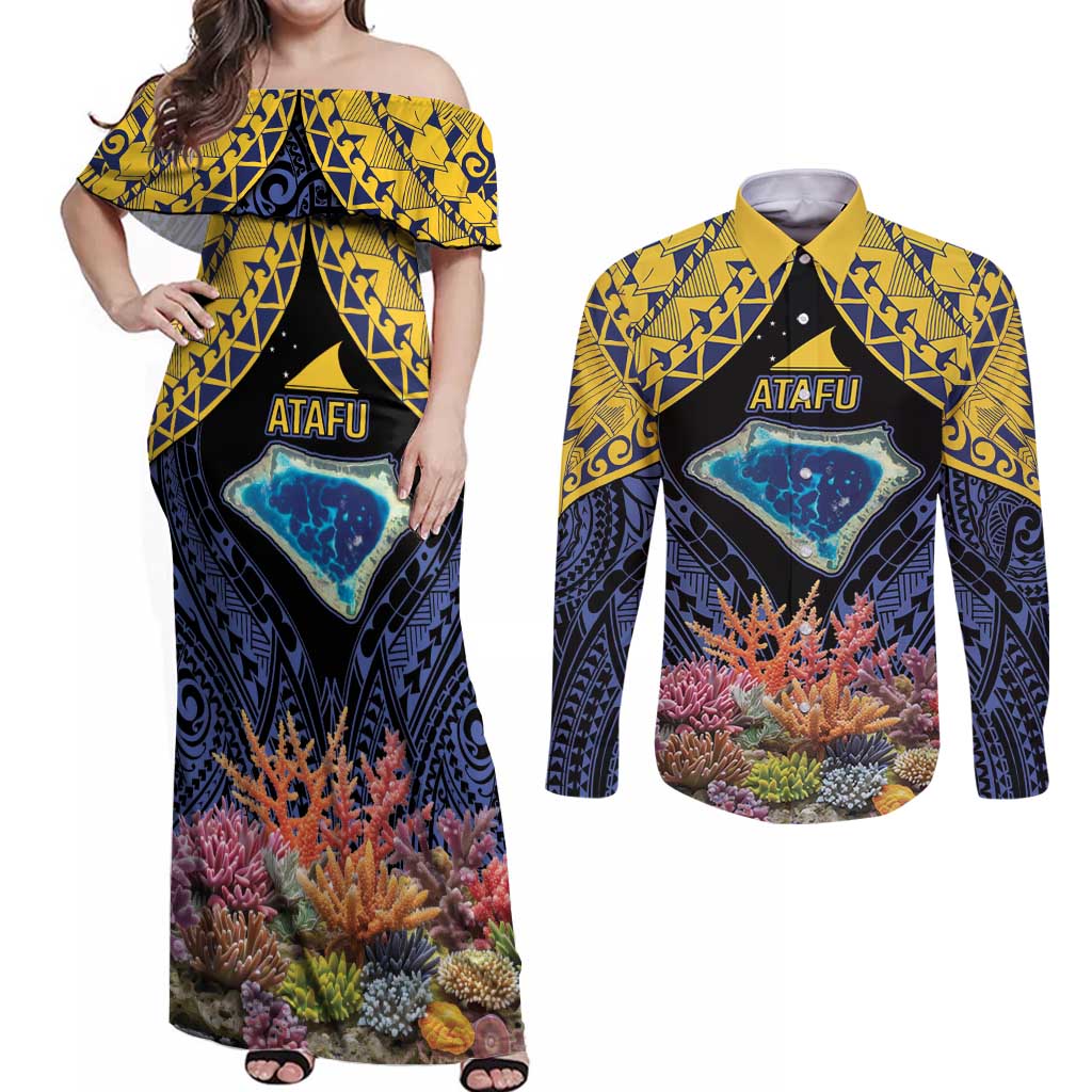 Tokelau Atafu Atoll Personalised Couples Matching Off Shoulder Maxi Dress and Long Sleeve Button Shirt Pacific Coral Reef Vibe LT9 Gold - Polynesian Pride