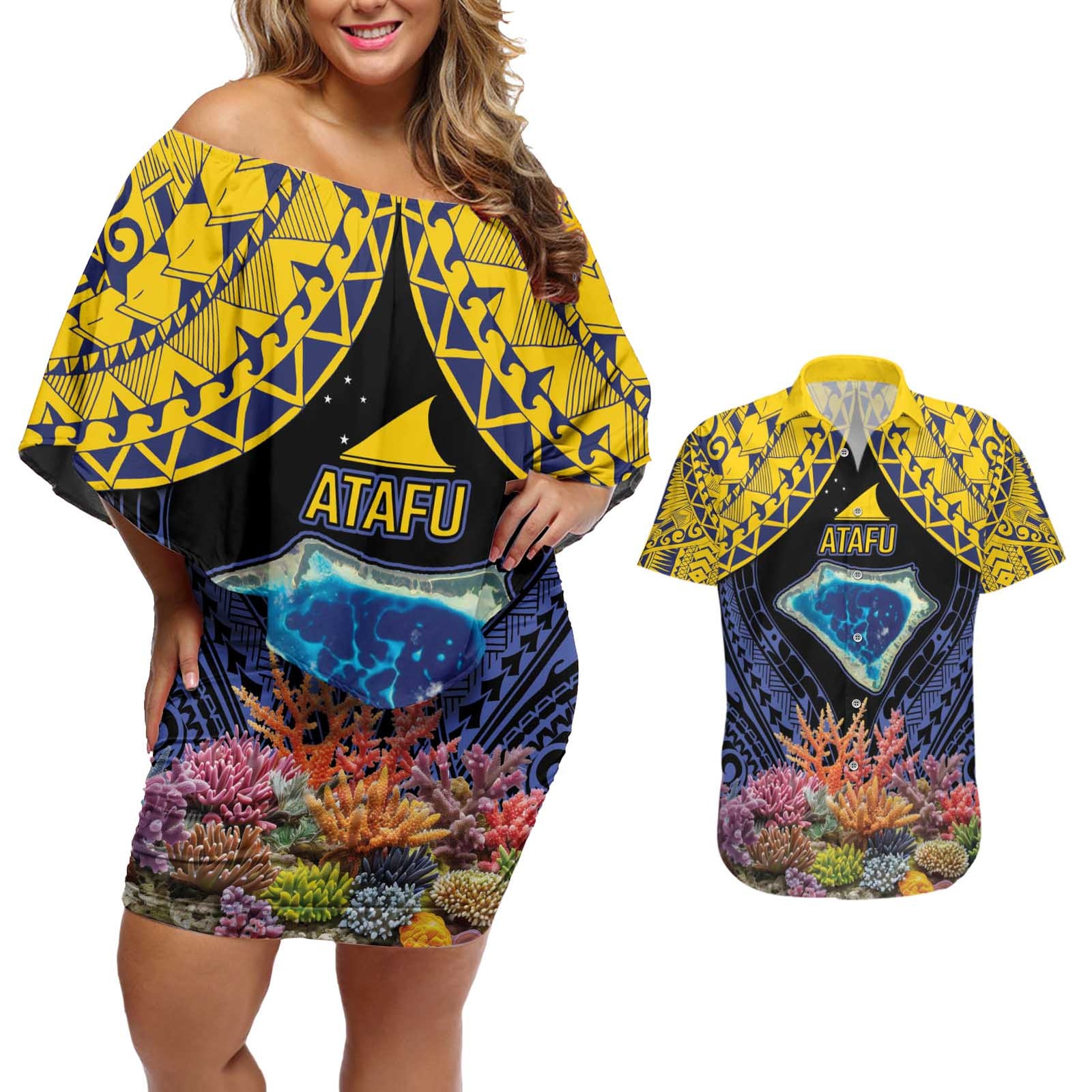 Tokelau Atafu Atoll Personalised Couples Matching Off Shoulder Short Dress and Hawaiian Shirt Pacific Coral Reef Vibe LT9 Gold - Polynesian Pride