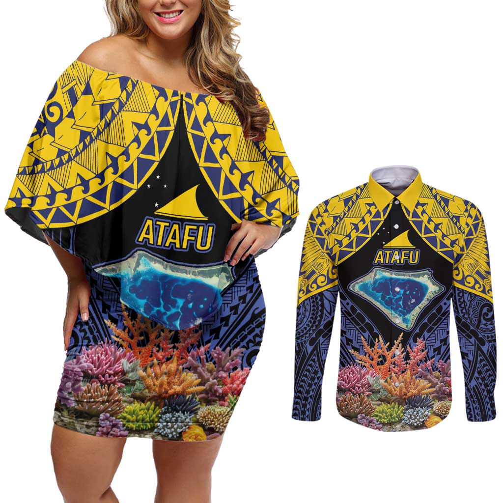 Tokelau Atafu Atoll Personalised Couples Matching Off Shoulder Short Dress and Long Sleeve Button Shirt Pacific Coral Reef Vibe LT9 Gold - Polynesian Pride