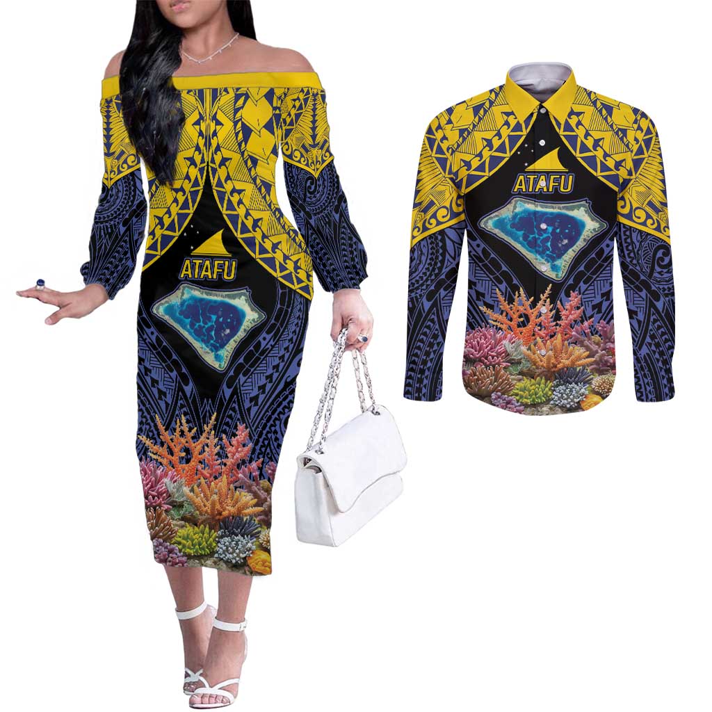 Tokelau Atafu Atoll Personalised Couples Matching Off The Shoulder Long Sleeve Dress and Long Sleeve Button Shirt Pacific Coral Reef Vibe LT9 Gold - Polynesian Pride