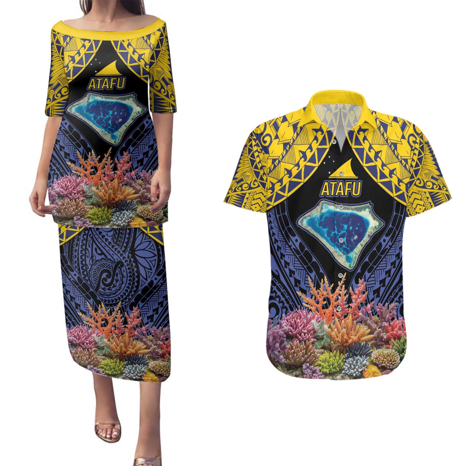 Tokelau Atafu Atoll Personalised Couples Matching Puletasi and Hawaiian Shirt Pacific Coral Reef Vibe LT9 Gold - Polynesian Pride