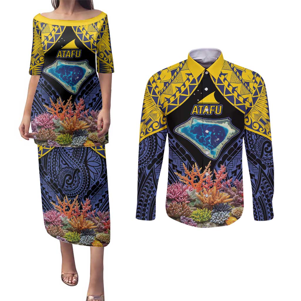 Tokelau Atafu Atoll Personalised Couples Matching Puletasi and Long Sleeve Button Shirt Pacific Coral Reef Vibe LT9 Gold - Polynesian Pride