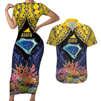 Tokelau Atafu Atoll Personalised Couples Matching Short Sleeve Bodycon Dress and Hawaiian Shirt Pacific Coral Reef Vibe
