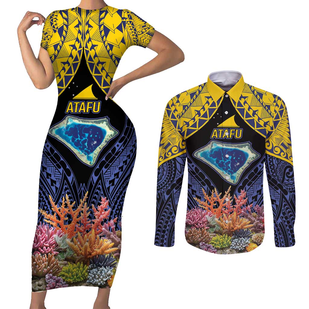Tokelau Atafu Atoll Personalised Couples Matching Short Sleeve Bodycon Dress and Long Sleeve Button Shirt Pacific Coral Reef Vibe LT9 Gold - Polynesian Pride