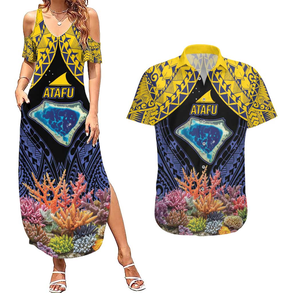 Tokelau Atafu Atoll Personalised Couples Matching Summer Maxi Dress and Hawaiian Shirt Pacific Coral Reef Vibe LT9 Gold - Polynesian Pride