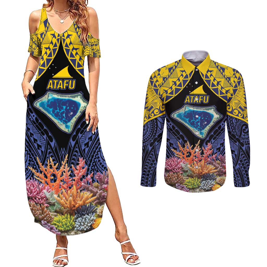Tokelau Atafu Atoll Personalised Couples Matching Summer Maxi Dress and Long Sleeve Button Shirt Pacific Coral Reef Vibe LT9 Gold - Polynesian Pride