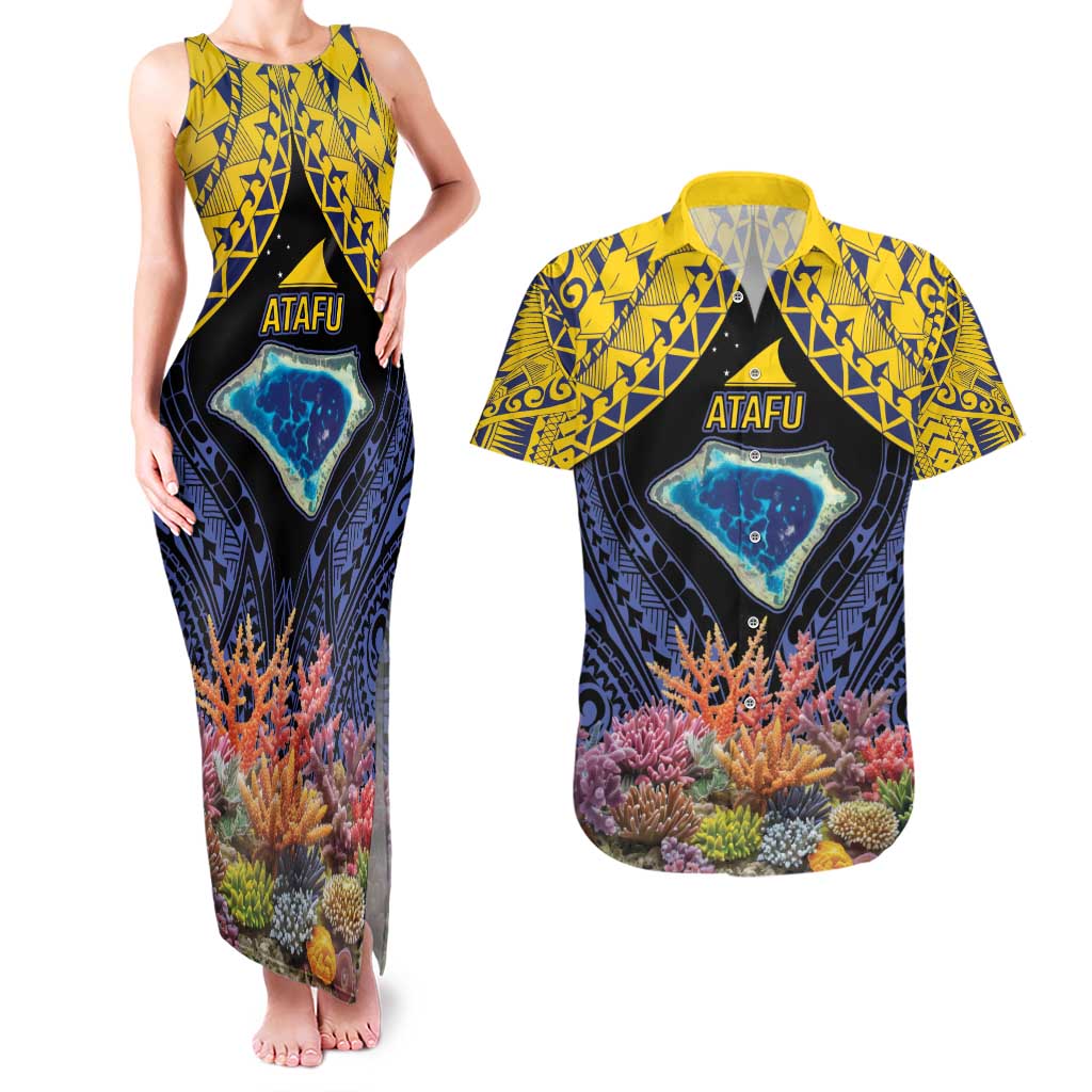 Tokelau Atafu Atoll Personalised Couples Matching Tank Maxi Dress and Hawaiian Shirt Pacific Coral Reef Vibe LT9 Gold - Polynesian Pride