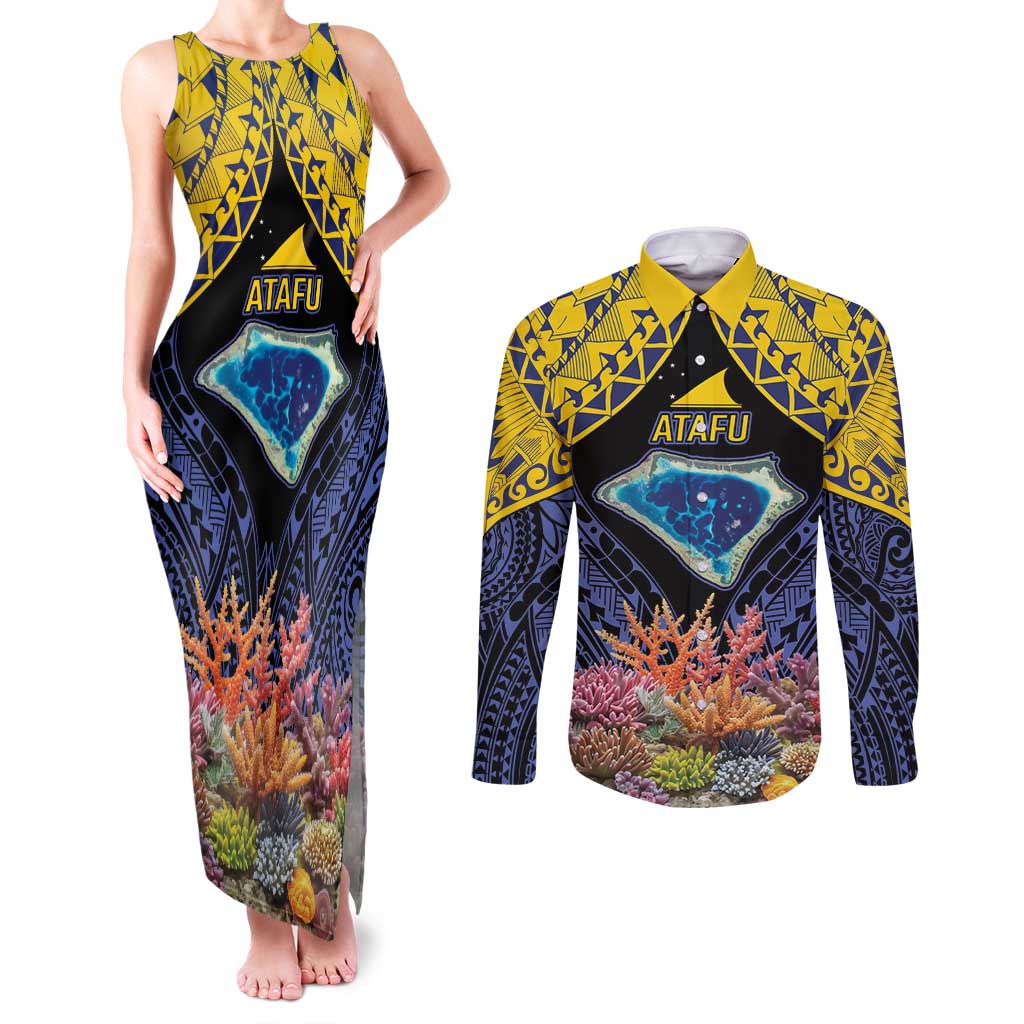 Tokelau Atafu Atoll Personalised Couples Matching Tank Maxi Dress and Long Sleeve Button Shirt Pacific Coral Reef Vibe LT9 Gold - Polynesian Pride
